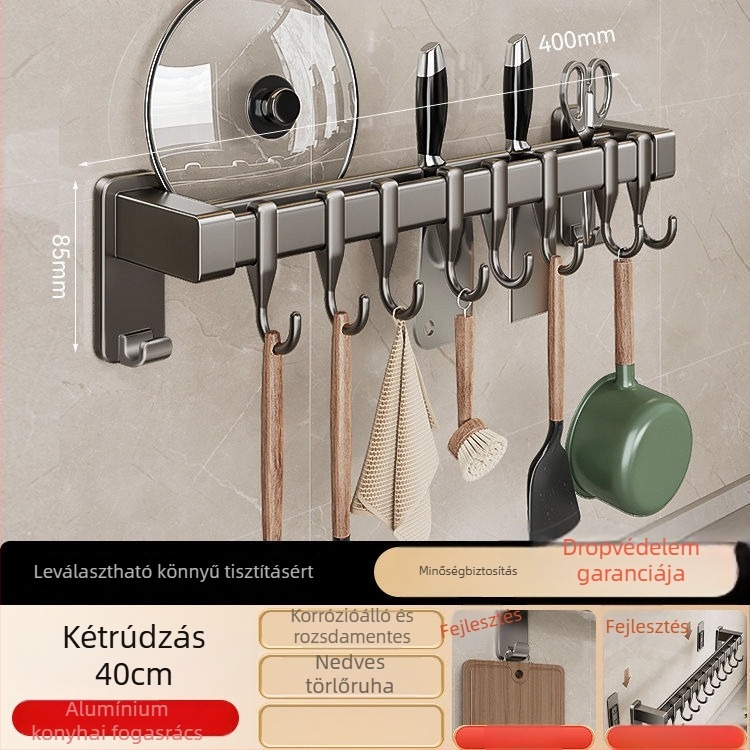 Műanyag konyhai falra szerelhető akasztópolc, telepítés nélkül – spatula, kanál és kés tárolására