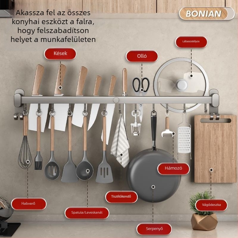 Műanyag konyhai falra szerelhető akasztópolc, telepítés nélkül – spatula, kanál és kés tárolására