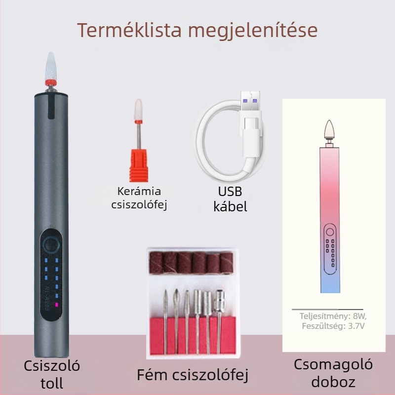 Újratölthető lítium akkumulátoros körömdolgozó, 3.7V, három sebesség, 0.5 m kábel, reszeléshez, gravírozáshoz és polírozáshoz