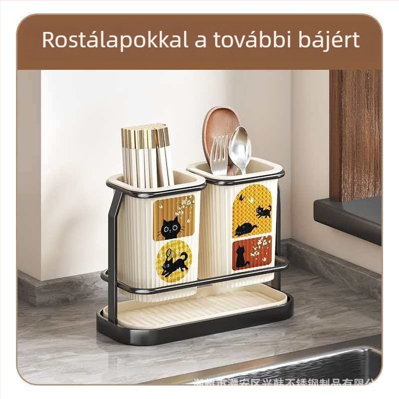 Antik-retro stílusú konyhai szervező kés- és chopsticks tartóval, műanyag, többfunkciós, asztalra vagy falra szerelhető, lefolyó funkcióval