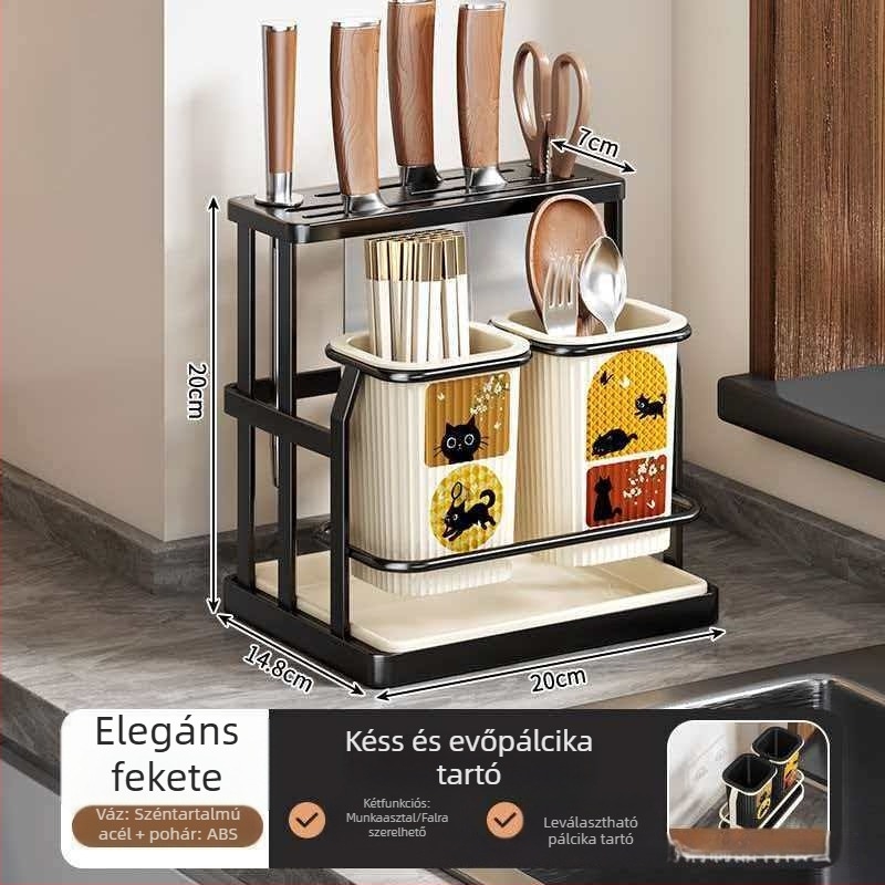 Antik-retro stílusú konyhai szervező kés- és chopsticks tartóval, műanyag, többfunkciós, asztalra vagy falra szerelhető, lefolyó funkcióval