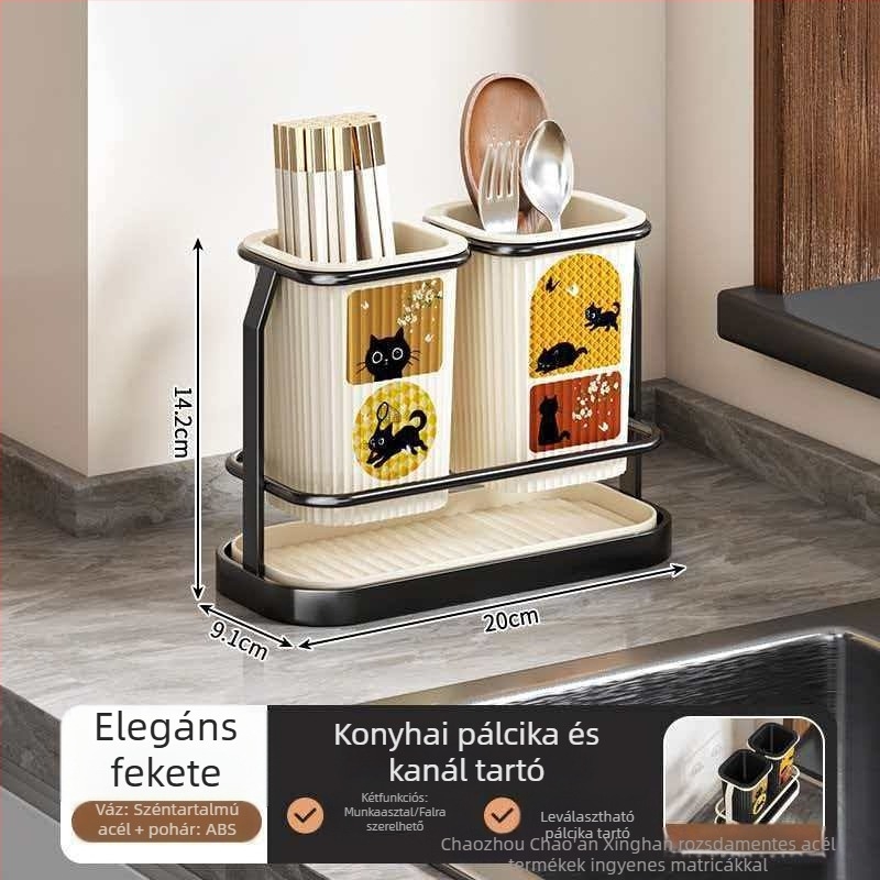 Antik-retro stílusú konyhai szervező kés- és chopsticks tartóval, műanyag, többfunkciós, asztalra vagy falra szerelhető, lefolyó funkcióval