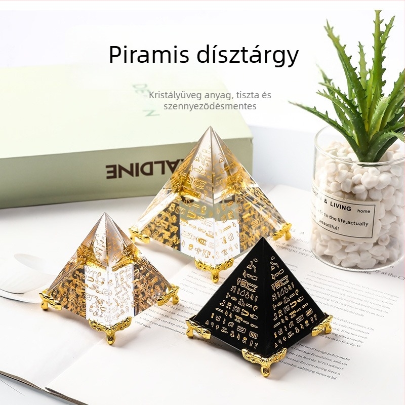 Obszidián piramis belső egyiptomi gravírozással, Feng Shui dísz, kristály kézművesség