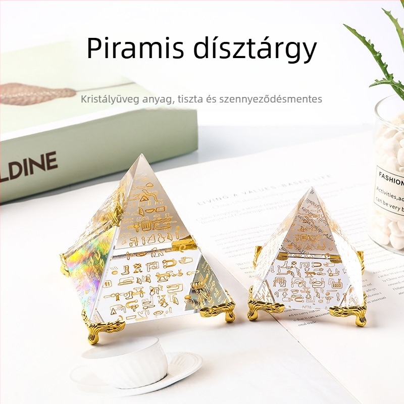 Obszidián piramis belső egyiptomi gravírozással, Feng Shui dísz, kristály kézművesség