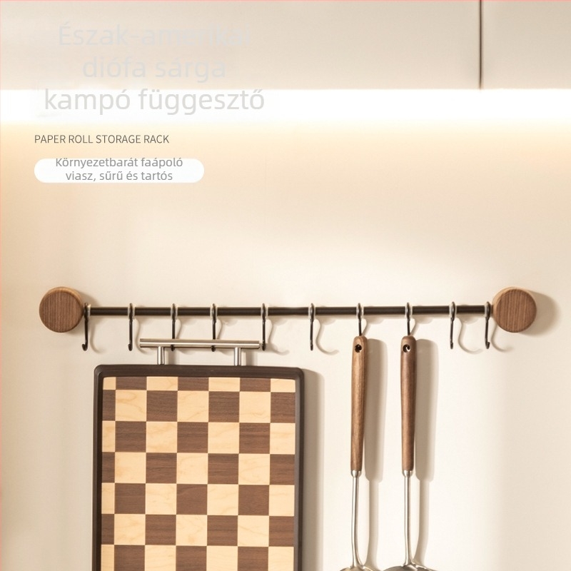 Diófából készült konyhai falra szerelhető polc, fúrás nélkül, spatula- és kanál tartóval, többfunkciós tároló