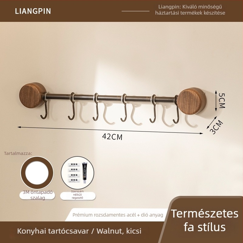 Diófából készült konyhai falra szerelhető polc, fúrás nélkül, spatula- és kanál tartóval, többfunkciós tároló