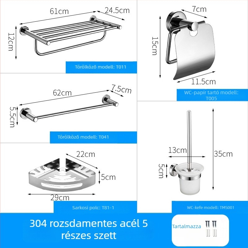 Baiyu 5 részes rozsdamentes acél törölközőtartó készlet, modern minimalista fürdőszoba stílus, fényes felület