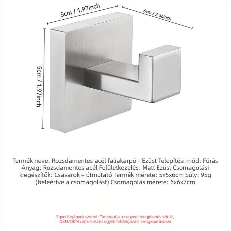 Rozsdamentes acél fürdőszobai falra szerelt akasztó, modern minimalist stílus, teherbírás 3–5 kg