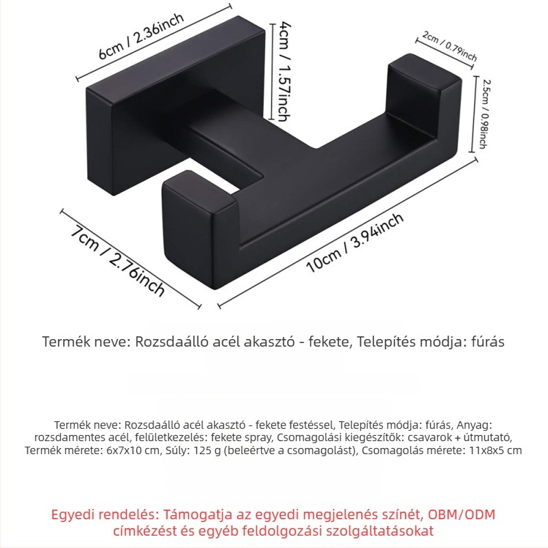 Rozsdamentes acél fürdőszobai falra szerelt akasztó, modern minimalist stílus, teherbírás 3–5 kg