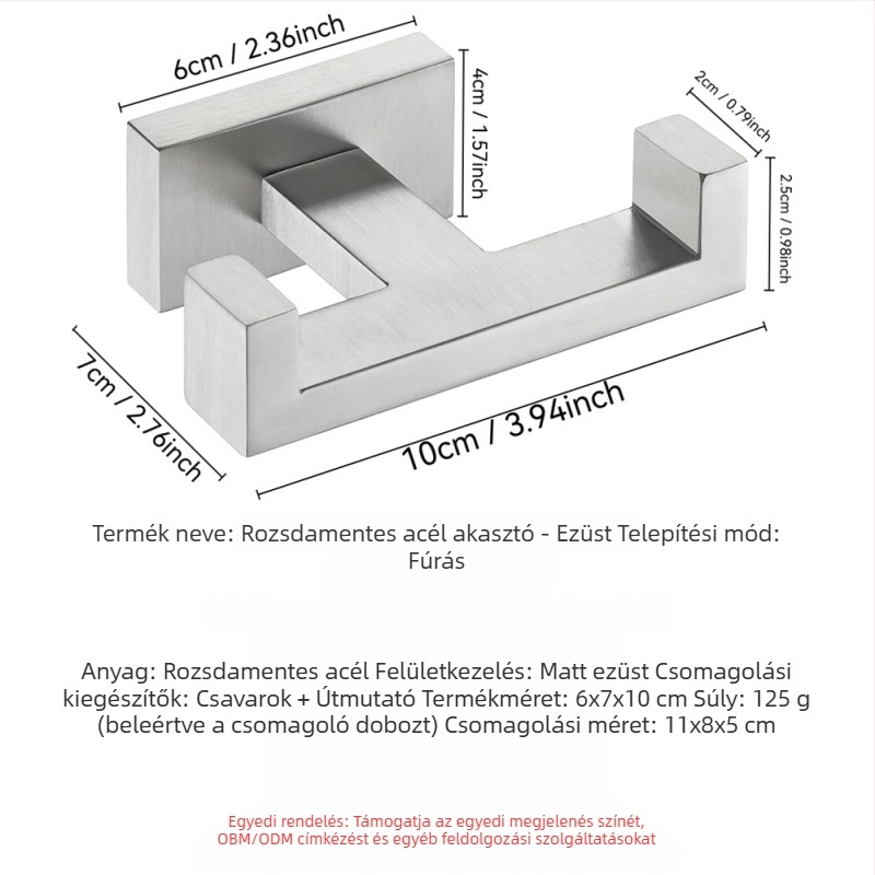 Rozsdamentes acél fürdőszobai falra szerelt akasztó, modern minimalist stílus, teherbírás 3–5 kg