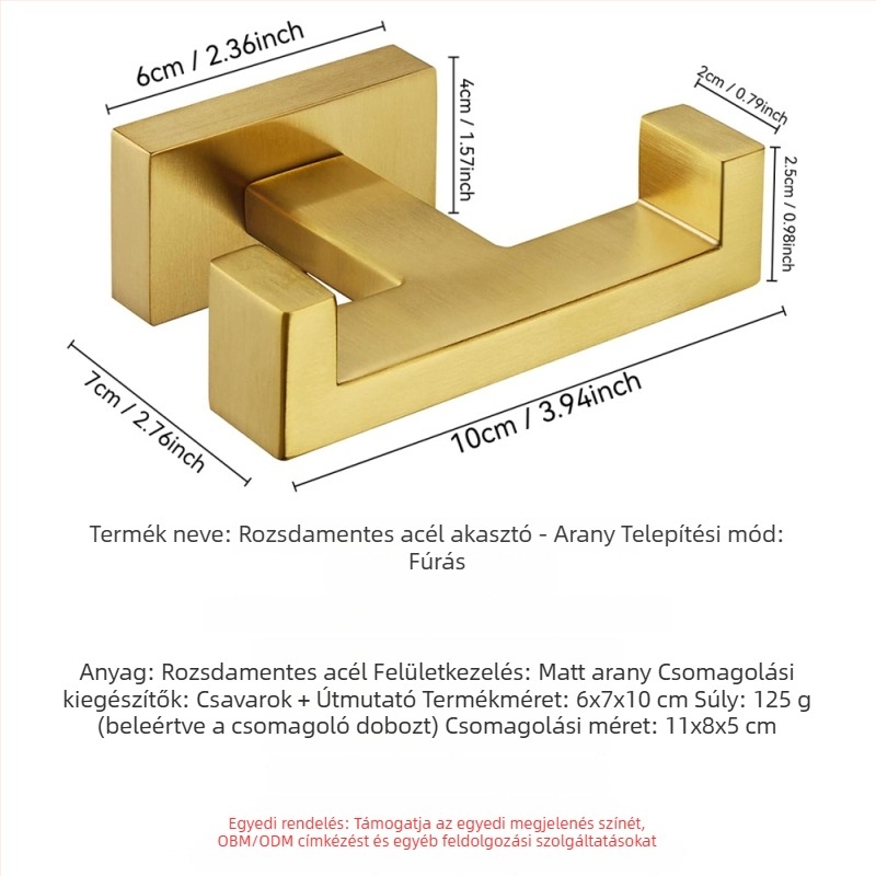 Rozsdamentes acél fürdőszobai falra szerelt akasztó, modern minimalist stílus, teherbírás 3–5 kg
