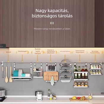 Fali konyhai tároló rozsdamentes acélból, sokoldalú, téglalap alakú, összecsukható kivitel, pálcikák, edények, fűszerek és fedők tárolására