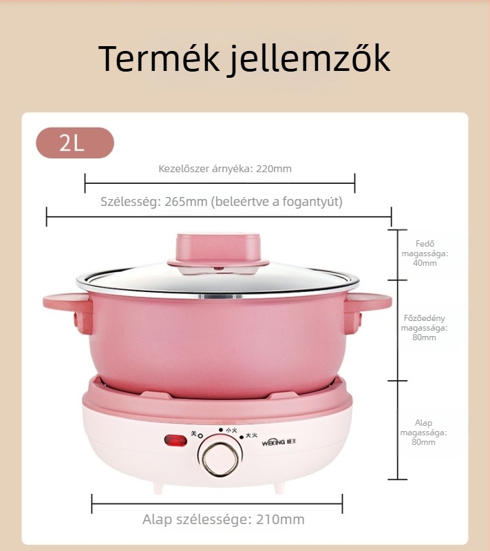 Szetválasztott elektromos forrófazék, 4–5 L, rozsdamentes acél test, <800W, többfunkciós: sütés, főzés, párolás, dinsztelés és hot pot; hőmérséklet-szabályozó