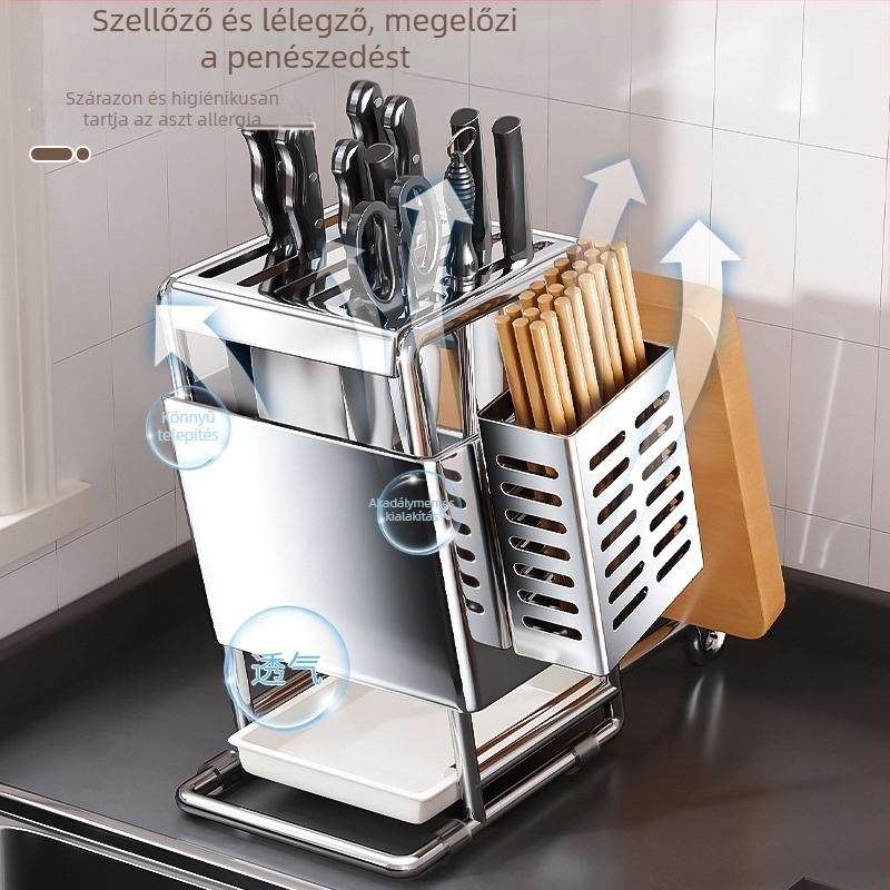 Rozsdamentes acélból készült késállvány falra szerelhető, multifunkciós tároló, modern minimalist dizájn