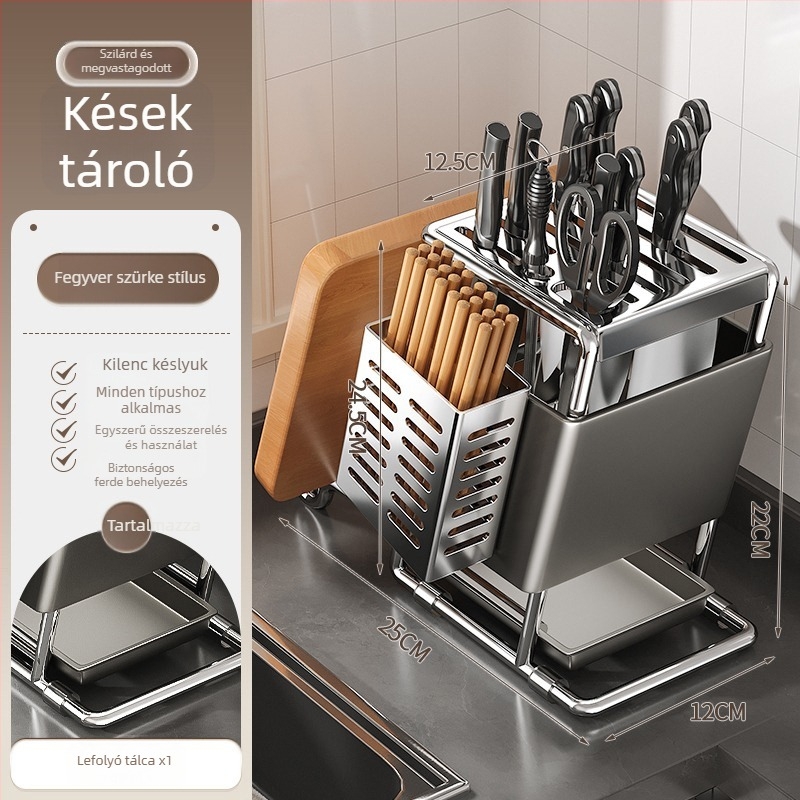 Rozsdamentes acélból készült késállvány falra szerelhető, multifunkciós tároló, modern minimalist dizájn