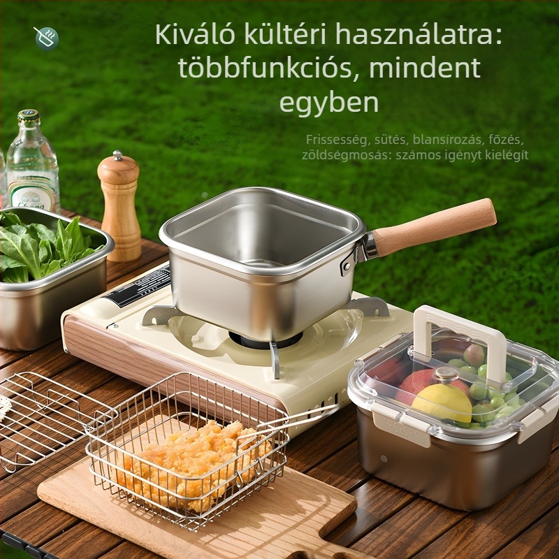 Négyzetes mély serpenyő rozsdamentes acél + PP, multifunkciós: sütés, gőzölés és frissesség megőrzése, PP fedél, 11,5 cm mélység