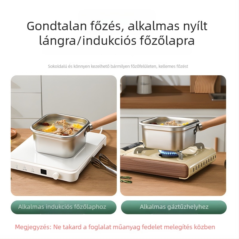 Négyzetes mély serpenyő rozsdamentes acél + PP, multifunkciós: sütés, gőzölés és frissesség megőrzése, PP fedél, 11,5 cm mélység