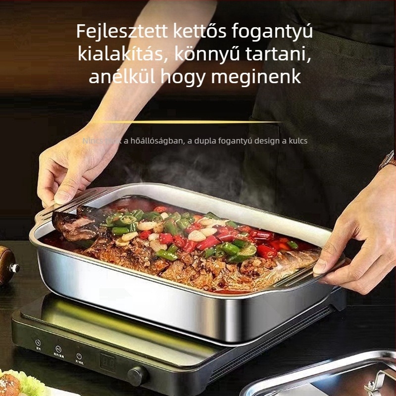 Rozsdamentes acél grillserpenyő, téglalap alakú, fedővel, indukciós tűzhelyhez, tömege 200 g, prémium