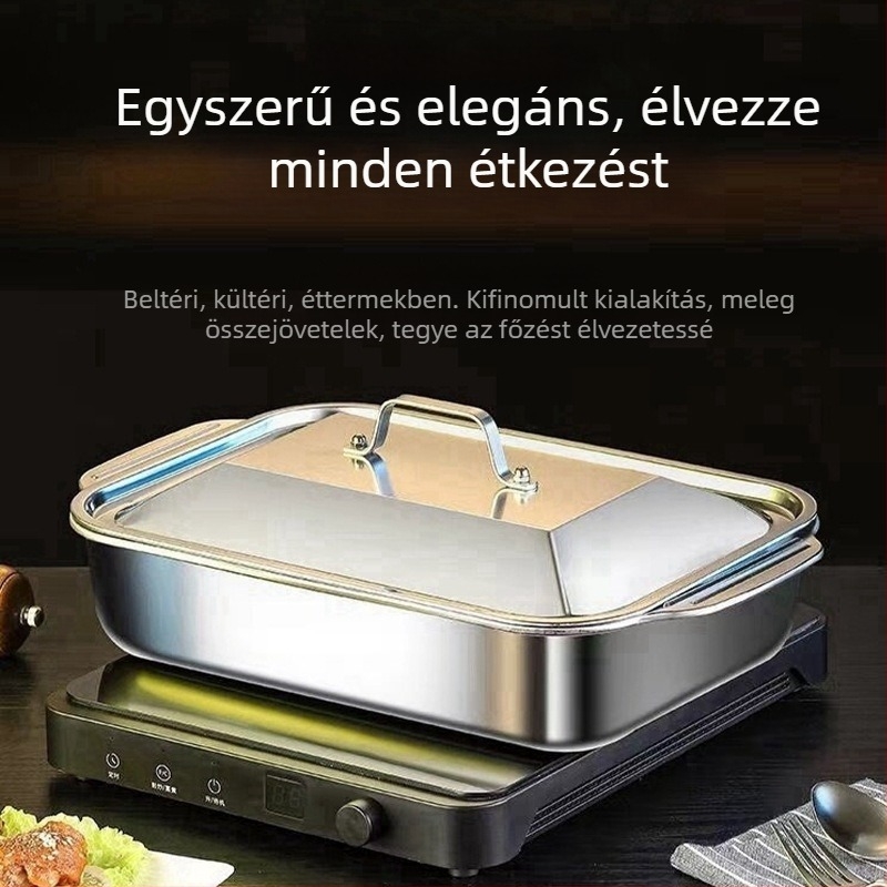 Rozsdamentes acél grillserpenyő, téglalap alakú, fedővel, indukciós tűzhelyhez, tömege 200 g, prémium