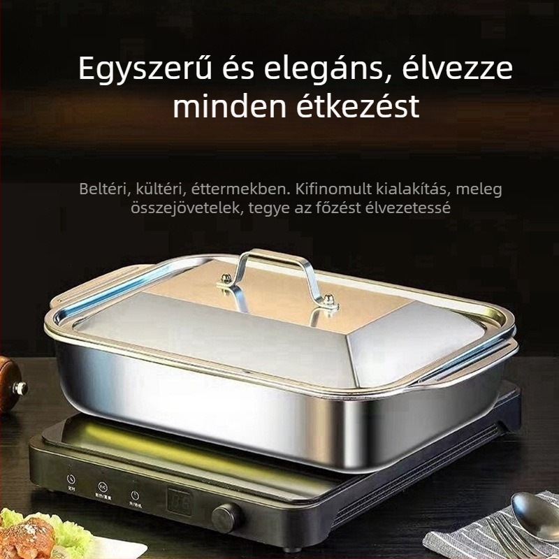 Rozsdamentes acél grillserpenyő, téglalap alakú, fedővel, indukciós tűzhelyhez, tömege 200 g, prémium