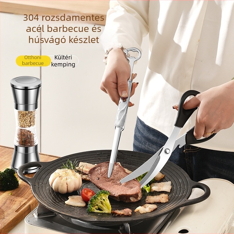 304 rozsdamentes acél barbecue készlet – négy darabos: olló, csipesz, fűszerőrlő, fűszertartó üveg
