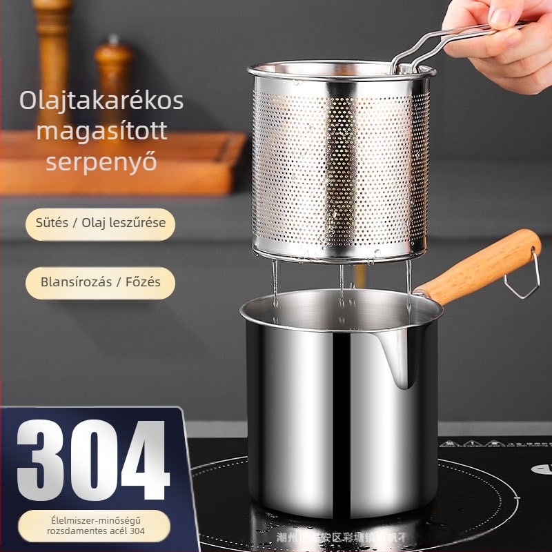 304 rozsdamentes acél serpenyő sütőkosárral, extra vastag fritőz a sütéshez és főzéshez, mélység 12,5 cm