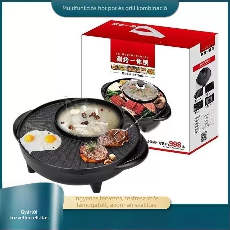 Derékszögű téglalap alakú elektromos forró tál és grill – füstmentes, otthoni használatra, 4–5 liter, 3–4 fő részére