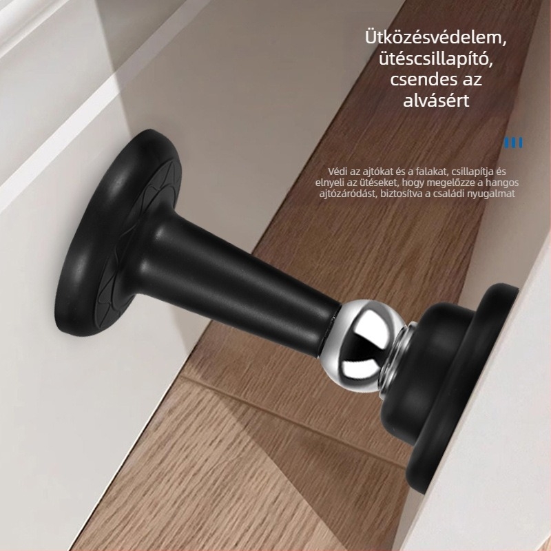 Mágneses, hangtalan ajtóstopper műanyag‑acélból — Modell No-punch; Anyag: műanyag‑acél; Szerelés: fal típus Ct-01; Működtetés: manuális; Stílus: modern minimál.