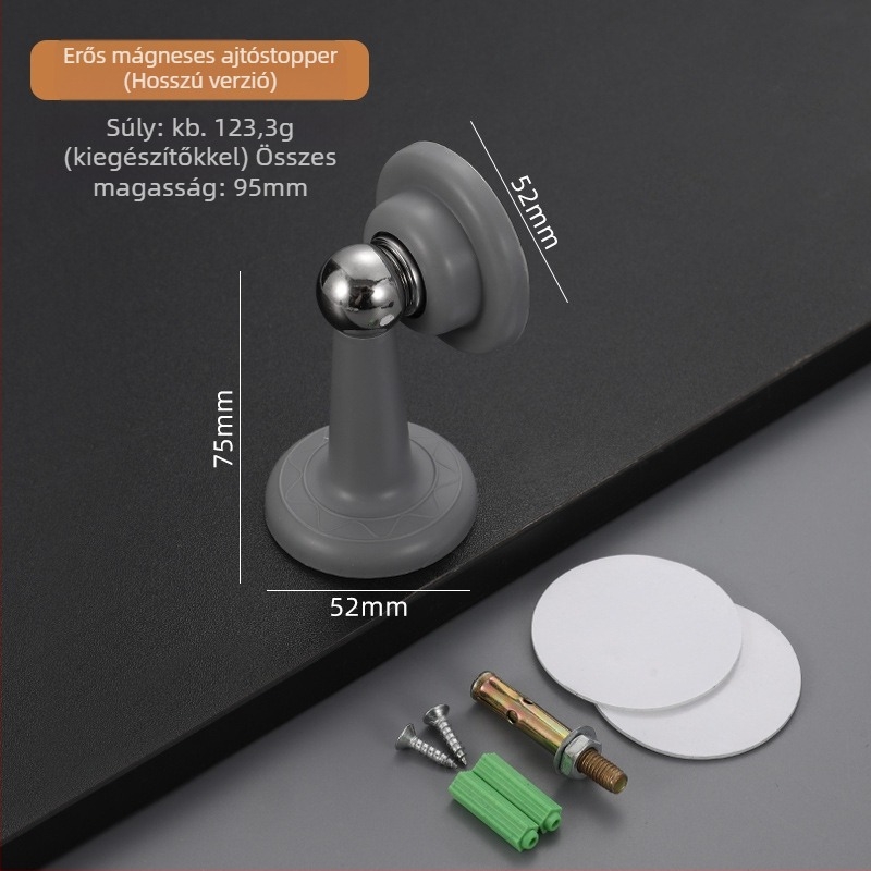 Mágneses, hangtalan ajtóstopper műanyag‑acélból — Modell No-punch; Anyag: műanyag‑acél; Szerelés: fal típus Ct-01; Működtetés: manuális; Stílus: modern minimál.