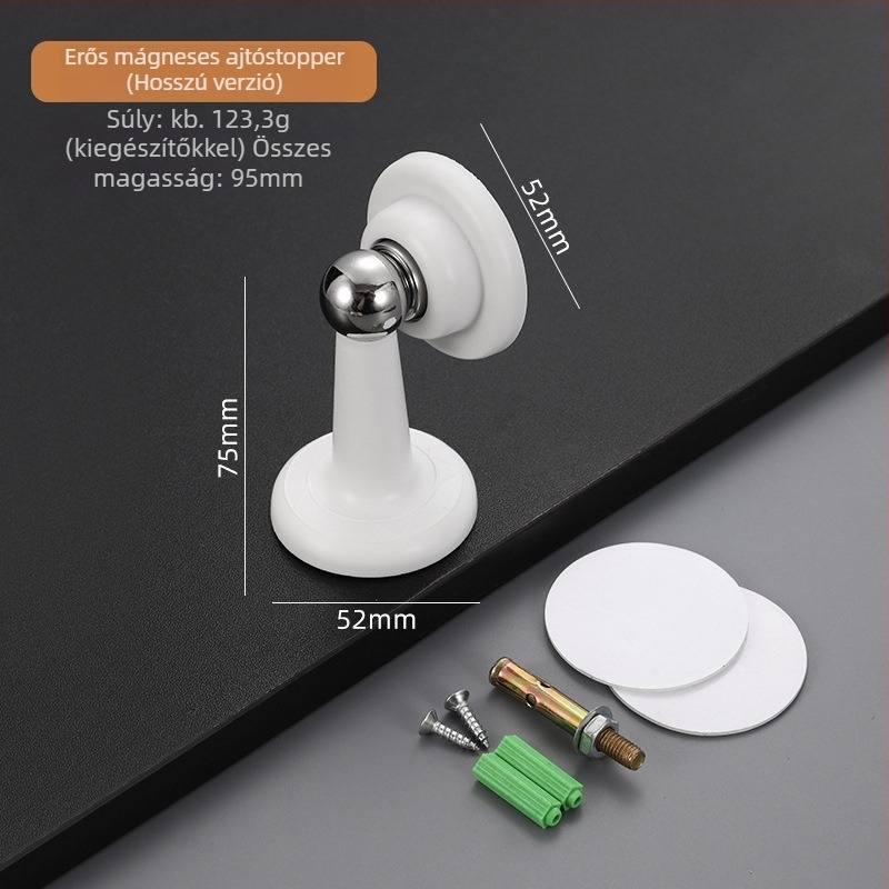 Mágneses, hangtalan ajtóstopper műanyag‑acélból — Modell No-punch; Anyag: műanyag‑acél; Szerelés: fal típus Ct-01; Működtetés: manuális; Stílus: modern minimál.