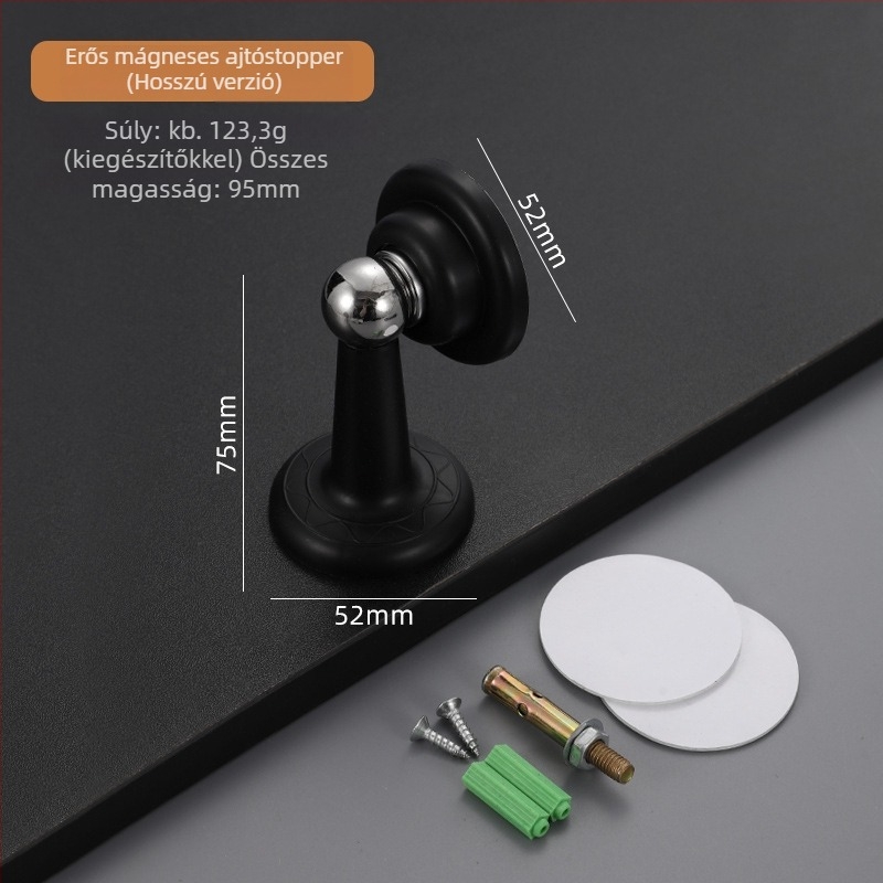 Mágneses, hangtalan ajtóstopper műanyag‑acélból — Modell No-punch; Anyag: műanyag‑acél; Szerelés: fal típus Ct-01; Működtetés: manuális; Stílus: modern minimál.