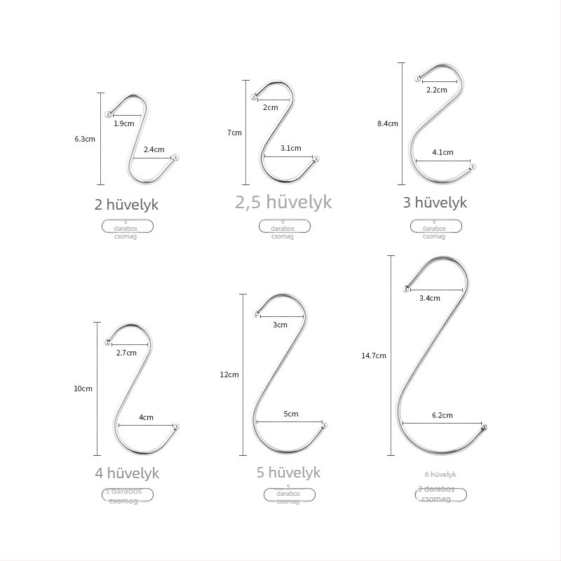 Rozsdamentes acél S-alakú falra szerelhető akasztó, fúrás nélkül, teherbírás 3 kg, 5 darabos készlet