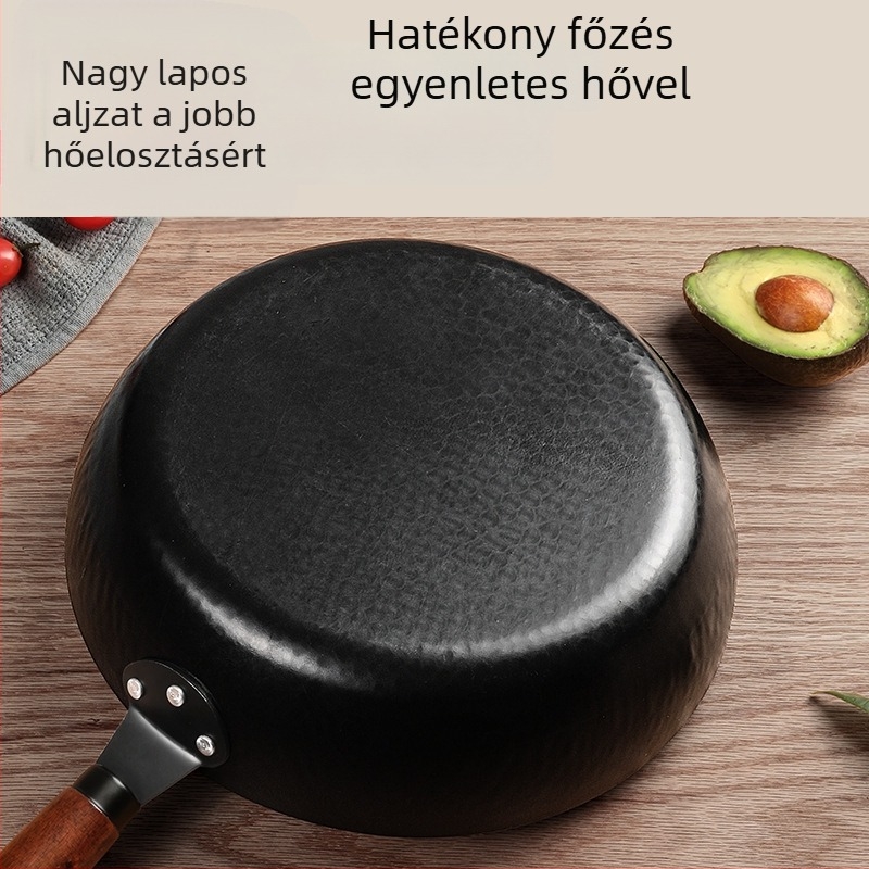 Wok kalapácsos mintázatú, kovácsolt vas, bevonat nélkül, indukciós és gáztűzhely-kompatibilis, fedél rozsdamentes acélból üveggel