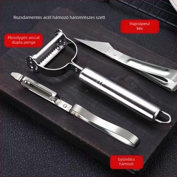 Három darabos rozsdamentes acél hámozó- és reszelő készlet gyümölcsöknek és zöldségeknek