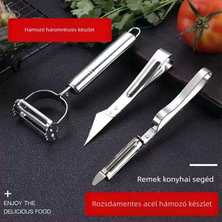 Három darabos rozsdamentes acél hámozó- és reszelő készlet gyümölcsöknek és zöldségeknek