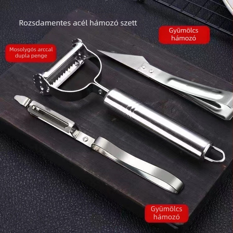 Három darabos rozsdamentes acél hámozó- és reszelő készlet gyümölcsöknek és zöldségeknek