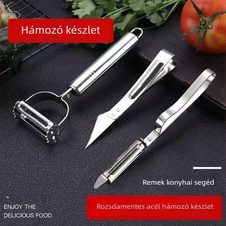 Három darabos rozsdamentes acél hámozó- és reszelő készlet gyümölcsöknek és zöldségeknek