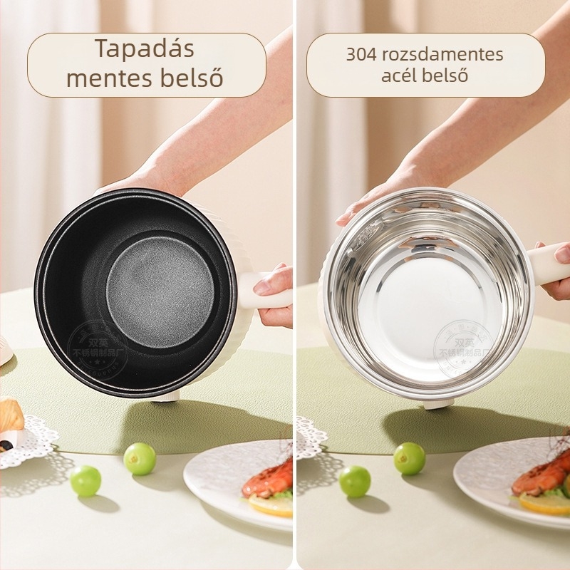 Elektromos főzőedény, kapacitás legfeljebb 2 L, egy személyes használatra, kettős rétegű kialakítás, belső 304 rozsdamentes acél és tapadásmentes bevonat, gombos vezérlés, gyors gőzölés