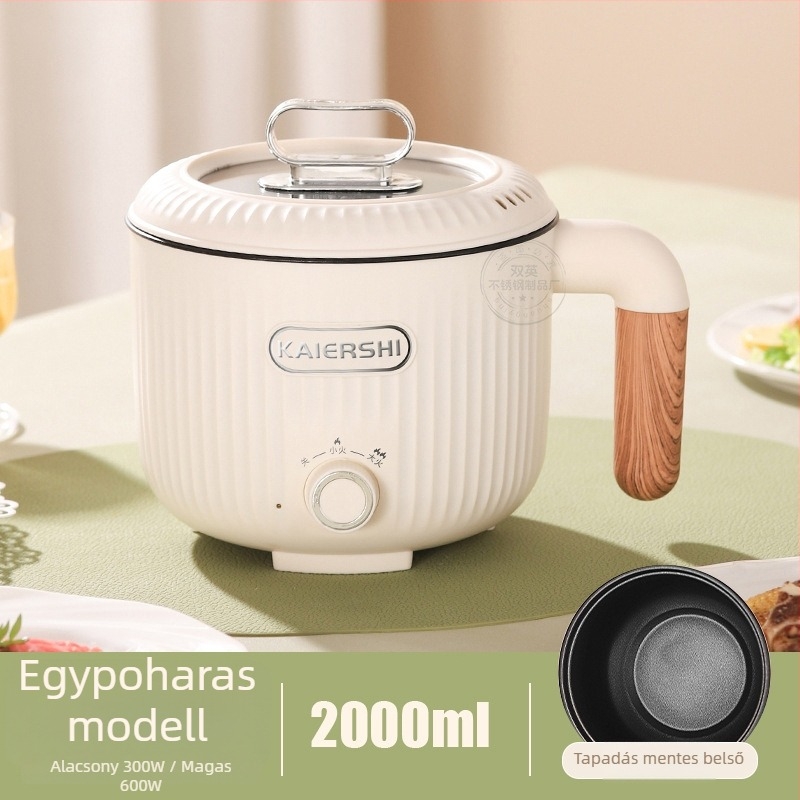 Elektromos főzőedény, kapacitás legfeljebb 2 L, egy személyes használatra, kettős rétegű kialakítás, belső 304 rozsdamentes acél és tapadásmentes bevonat, gombos vezérlés, gyors gőzölés