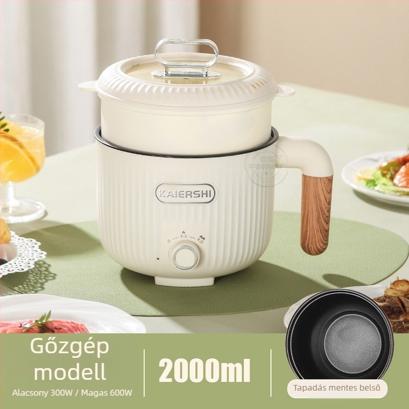 Elektromos főzőedény, kapacitás legfeljebb 2 L, egy személyes használatra, kettős rétegű kialakítás, belső 304 rozsdamentes acél és tapadásmentes bevonat, gombos vezérlés, gyors gőzölés