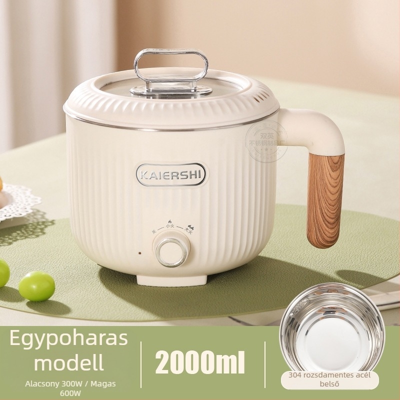 Elektromos főzőedény, kapacitás legfeljebb 2 L, egy személyes használatra, kettős rétegű kialakítás, belső 304 rozsdamentes acél és tapadásmentes bevonat, gombos vezérlés, gyors gőzölés