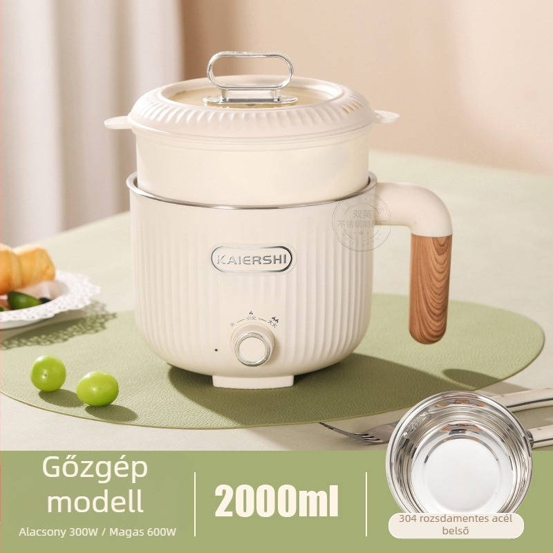 Elektromos főzőedény, kapacitás legfeljebb 2 L, egy személyes használatra, kettős rétegű kialakítás, belső 304 rozsdamentes acél és tapadásmentes bevonat, gombos vezérlés, gyors gőzölés