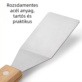 Fából készült fogantyújú BBQ eszközök háromrészes készlete: klip, villa és lapát; anyag: 2Cr13 acél + gumifa; ideális kültéri kempingezéshez