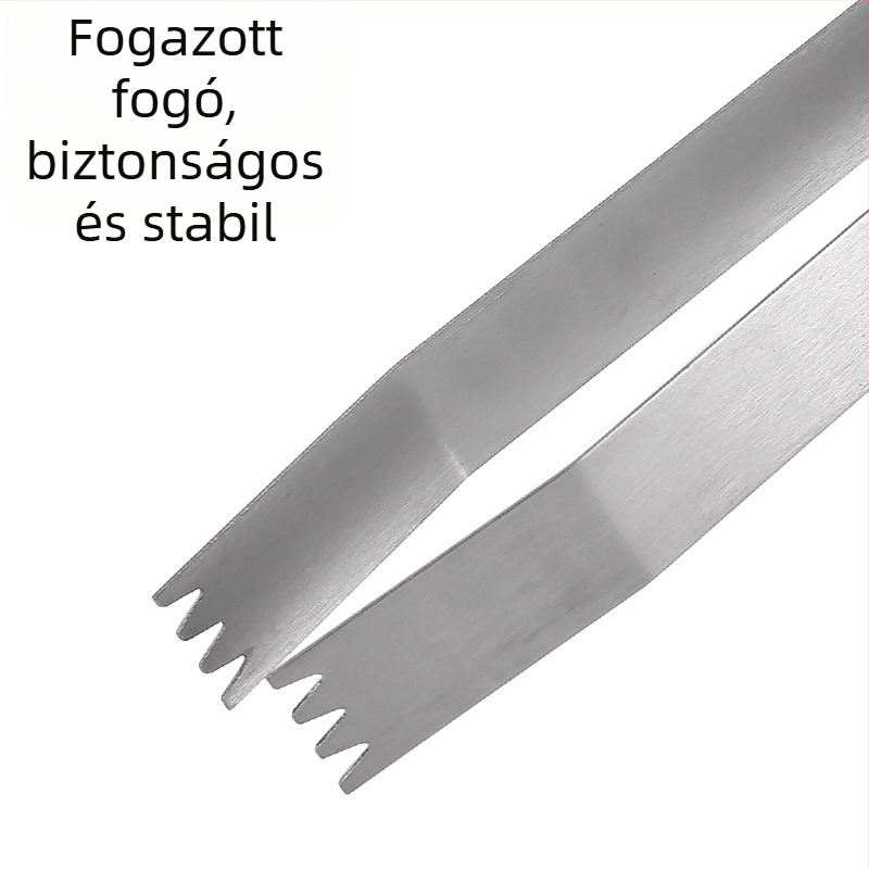 Fából készült fogantyújú BBQ eszközök háromrészes készlete: klip, villa és lapát; anyag: 2Cr13 acél + gumifa; ideális kültéri kempingezéshez
