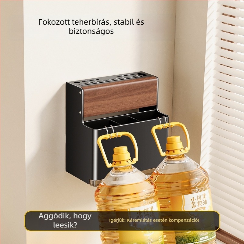 Falra szerelhető konyhai kés- és eszköztartó diófából és alumíniumból — fúrás nélküli, többfunkciós tároló