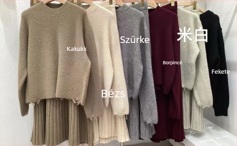 Koreai-stílusú, magas minőségű kötött ruhaszett nőknek – városi táj mintázat, gyapjú felső, középmagasságú szoknya, acril és poliészter keverék, ősz 2025