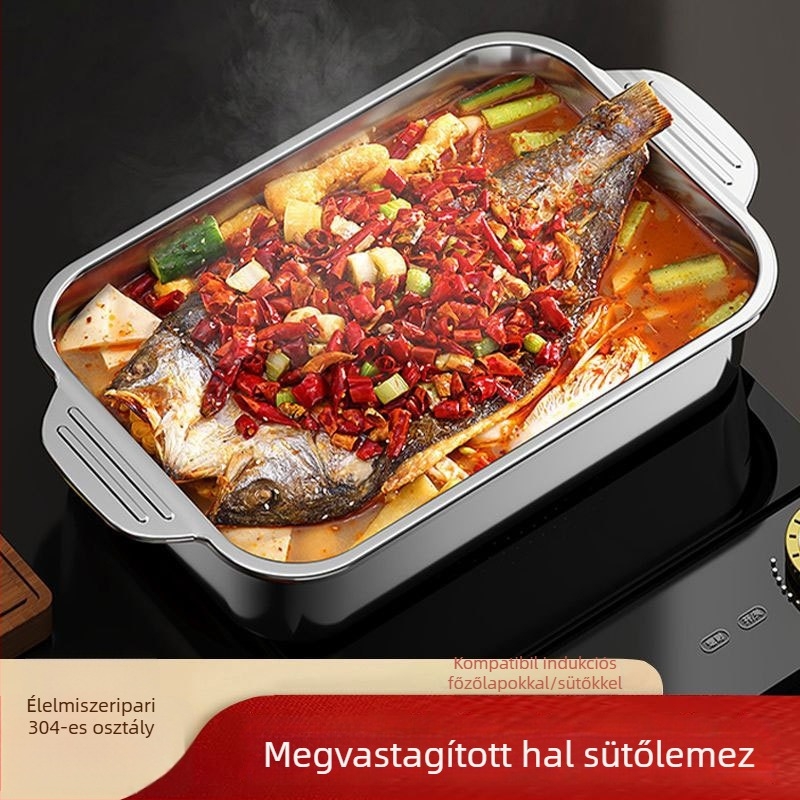 Rozsdamentes acélból készült grillezett halas tál, vastagított, négyszögletes, indukciós tűzhellyel kompatibilis, mikrohullámú sütőben is használható, többfunkciós otthoni és kereskedelmi felhasználásra