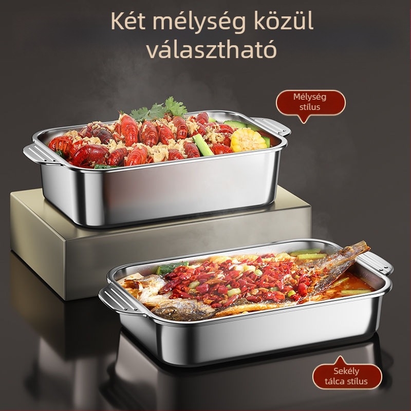 Rozsdamentes acélból készült grillezett halas tál, vastagított, négyszögletes, indukciós tűzhellyel kompatibilis, mikrohullámú sütőben is használható, többfunkciós otthoni és kereskedelmi felhasználásra