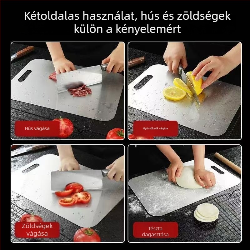Kétoldalas rozsdamentes acél vágódeszka, penészálló, vastag, tészta nyújtásához és zöldségek szeleteléséhez