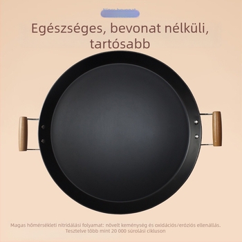 Kétfülű serpenyő, vastagított, bevonat nélküli, kovácsoltvasból készült, alja szénacél, gáztűzhely és indukciós főzőfelülettel